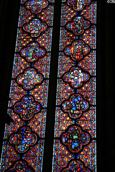 Tetrafoil-shape stained glass biblical story panels at St Chapelle. Paris, France.