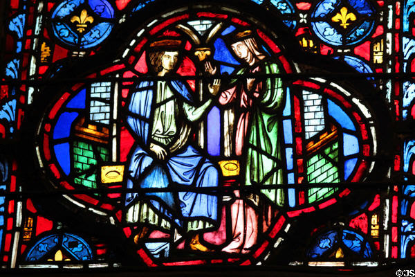 King & Queen on castle stained glass scene at St Chapelle. Paris, France.