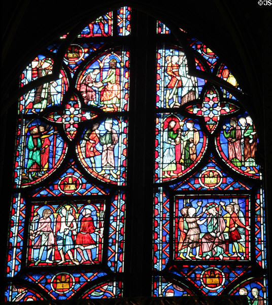 Passion of Christ stained glass scenes at St Chapelle. Paris, France.