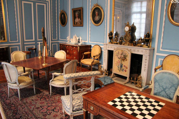 Backgammon table (c1785) attributed to Jean-Henri Riesener & other period furniture in Blue room Louis XVI at Carnavalet Museum. Paris, France.