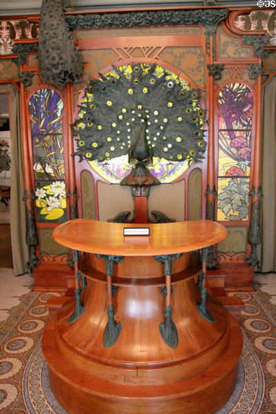 Peacocks, stained glass & circular shop counter (1901) all in Art Nouveau style, in Boutique Fouquet at Carnavalet Museum. Paris, France.