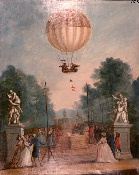 Ascension of Charles & Robert Montgolfier in Tuileries Gardens painting (18thC, French School) at Carnavalet Museum. Paris, France.