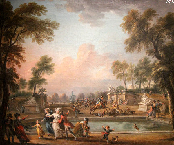 Charge by Prince Lambesc heading Royal German Regiment at Tuileries gardens on July 12, 1789 painting (c1789) by Jean-Baptiste Lallemand at Carnavalet Museum. Paris, France.