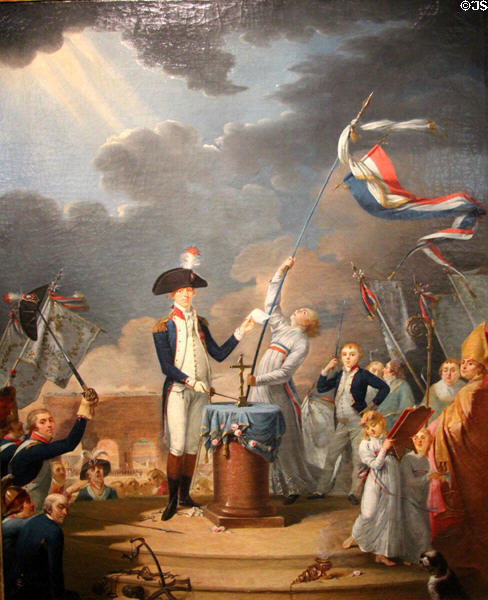 The Oath by La Fayette to French Constitution on first National Celebration of the Revolution July 14, 1790 painting (end 18thC) from French School at Carnavalet Museum. Paris, France.