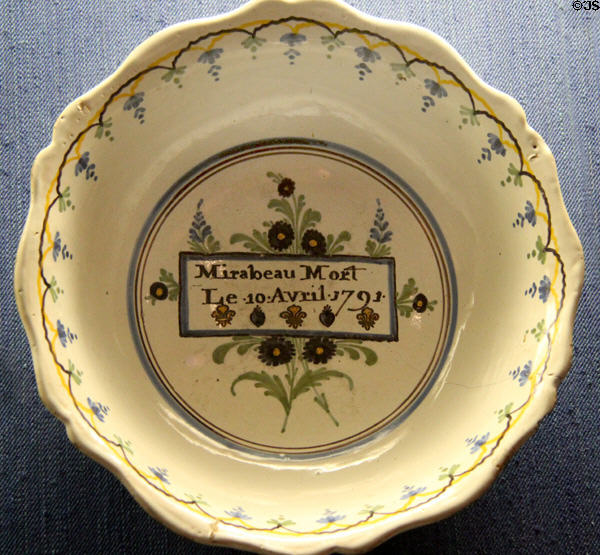 Earthenware plate inscribed "Death of Mirabeau April 10, 1791" at Carnavalet Museum. Paris, France.