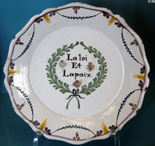 Earthenware plate inscribed "Law & Peace" (1791) from Nevers at Carnavalet Museum. Paris, France.