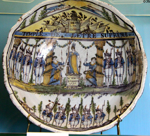 Earthenware plate with symbols of the French Revolution (1795) from Nevers at Carnavalet Museum. Paris, France.
