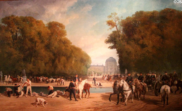 Artillery Camped in Tuileries Garden late Sept. 1870 during siege of Paris painting (1871) by Henri Brunner-Lacoste & Alfred Decaen at Carnavalet Museum. Paris, France.