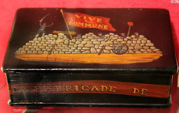 Souvenir painted box from Commune Belleville Barricade, May 1871 at Carnavalet Museum. Paris, France.