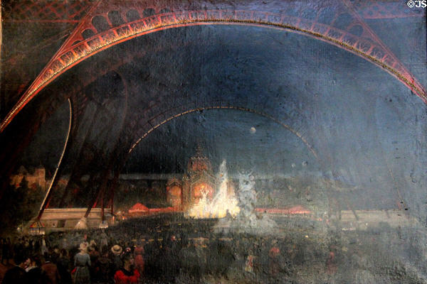 Night festivities at Universal Exposition of 1889 with Eiffel Tower & lit fountains of Palace of Industry painting by Roux ? at Carnavalet Museum. Paris, France.