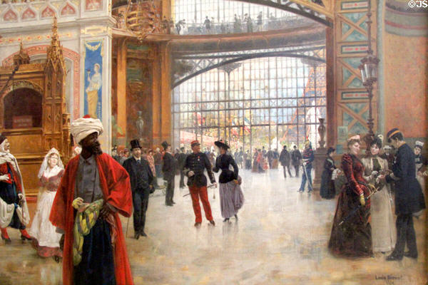 Multi-national visitors detail to Central Dome of Machinery Gallery of the 1889 Universal Exposition painting by Louis Béroud at Carnavalet Museum. Paris, France.