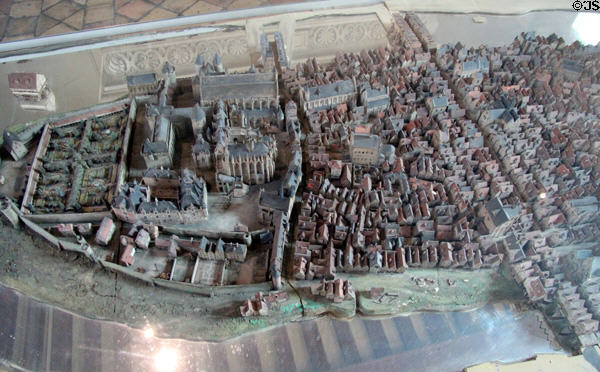 Model map of historic Ile de la Cité (c1350 or later) including Sainte-Chapelle & Conciergerie at Carnavalet Museum. Paris, France.