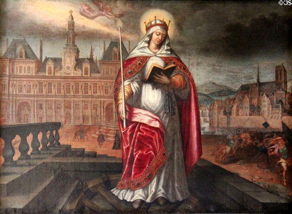 Saint Geneviève, patron saint of Paris, standing in front of City Hall, as Huns routed from the city (early 17thC, French School) at Carnavalet Museum. Paris, France.