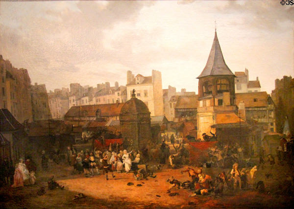 Celebration by Parisians at Les Halles on Jan 21,1782 for birth Oct. 22, 1781 of Dauphin painting (c1782) by Louis-Philibert Debucourt at Carnavalet Museum. Paris, France.