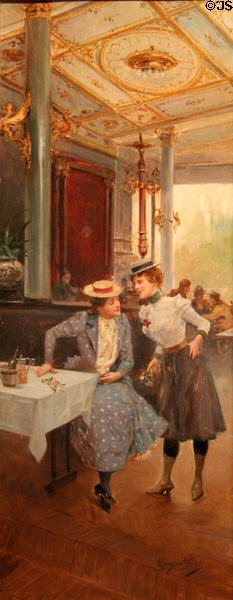 Women - dressed as bicyclists - at a Café painting (c1900) by Mariano Alonzo-Pérez at Carnavalet Museum. Paris, France.
