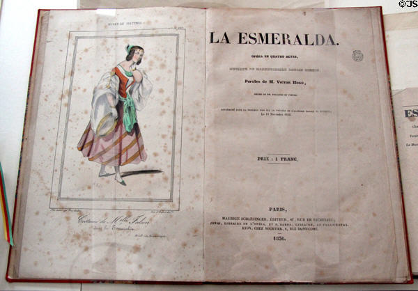 Illustrated libretto for Hugo's opera "la Esmeralda" (1836) with music by Louise Berten at Maison de Victor Hugo. Paris, France.