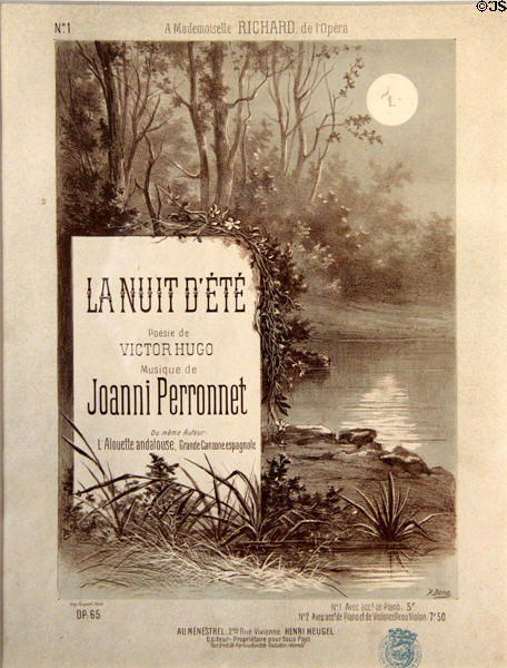 Sheet music for "La Nuit d'Été" words by Victor Hugo & music by Joanni Perronnet at Maison de Victor Hugo. Paris, France.
