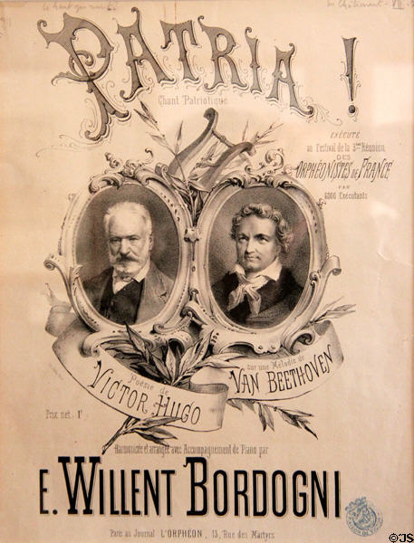 Sheet music for "Patria" words (1853 & 1870) by Victor Hugo & music by Beethoven at Maison de Victor Hugo. Paris, France.