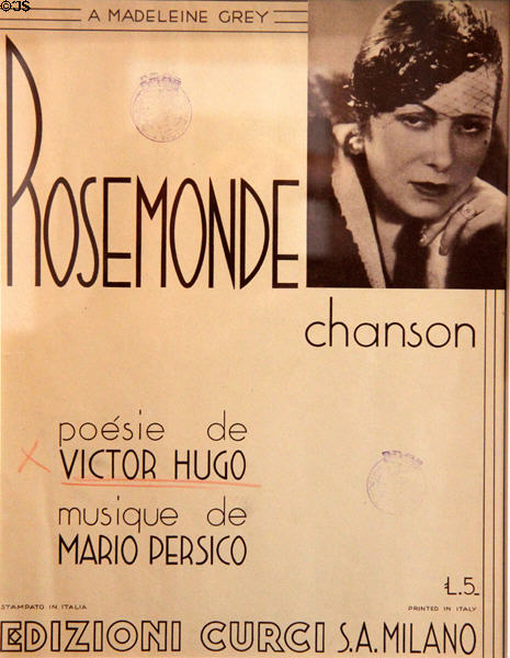 Sheet music for "Rosemonde" (1938) words by Victor Hugo & music by Mario Persico at Maison de Victor Hugo. Paris, France.