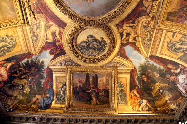 Details of periphery of Crowning of Venus baroque ceiling painting (1683) by René-Antoine Houasse in Venus room at Versailles Palace. Versailles, France.