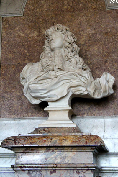 Marble bust of Louis XIV (1665) by Gian Lorenzo Bernini in Diana room at Versailles Palace. Versailles, France.