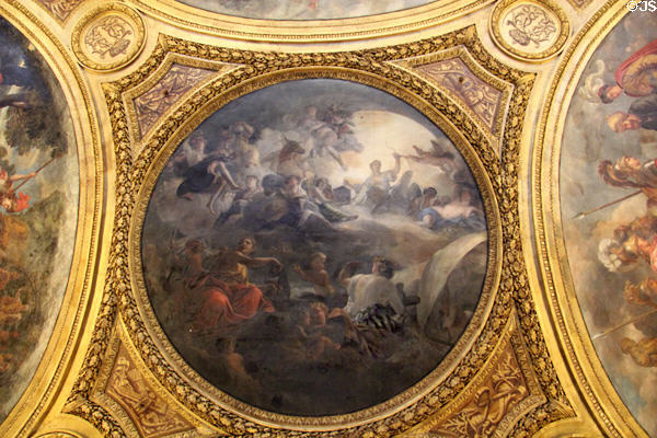 Diana presides over Navigation & Hunting baroque ceiling painting (1680) by Gabriel Blanchard in Diana room at Versailles Palace. Versailles, France.