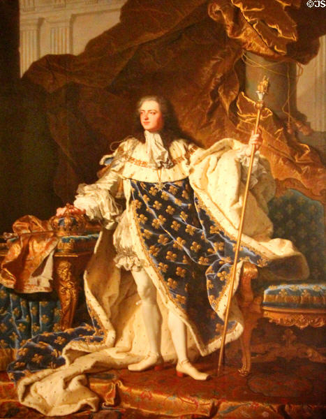 Portrait of Louis XV (1730) by Hyacinthe Rigaud at Versailles Palace. Versailles, France.