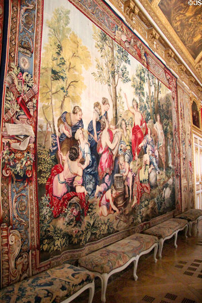 Parnassus tapestry (1692-1701) after design by Pierre Mignard made by Royal Gobelins Manuf. in Queen's Royal Table Antechamber at Versailles Palace. Versailles, France.