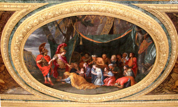 Family of Darius at feet of Alexander the Great ceiling painting (1861) by Henri Testelin after Le Brun in Queen's Royal Table Antechamber at Versailles Palace. Versailles, France.