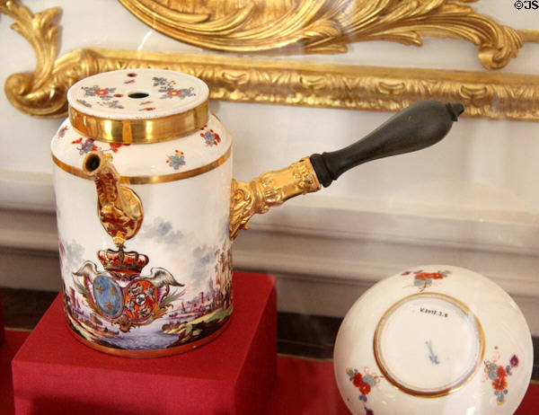 Meissen chocolate pot (1737) which belong to Queen Marie Leszczynska at Versailles Palace. Versailles, France.