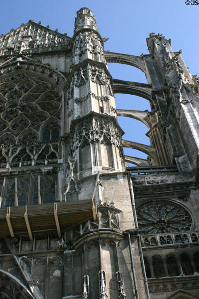 Details of richly decorated facade & flying buttresses of Cathédrale St-Pierre. Beauvais, France.
