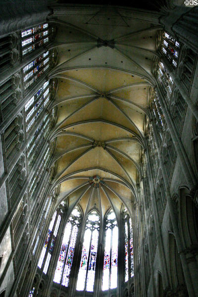 Excessively high vaulting (48 meters) of Cathédrale St-Pierre interior. Beauvais, France.