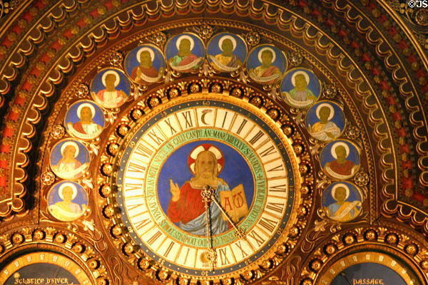 Central dial on Astronomical Clock with image of Jesus Christ at Cathédrale St-Pierre. Beauvais, France.
