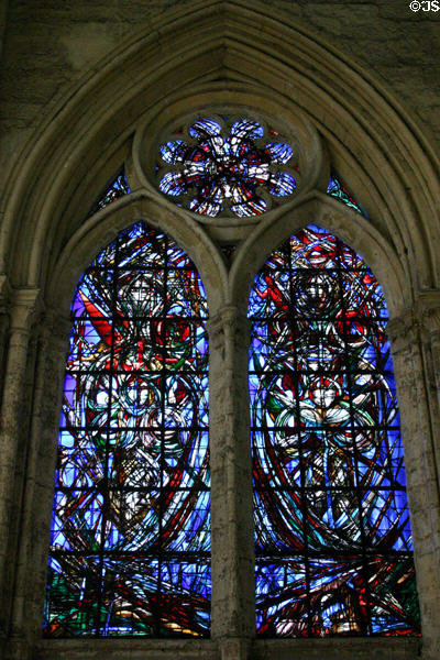 Stained glass window set in stone frame at Cathédrale St-Pierre. Beauvais, France.