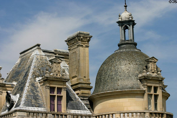 Dormer, chimney & bell shaped tower at Château de Chantilly. Chantilly, France.