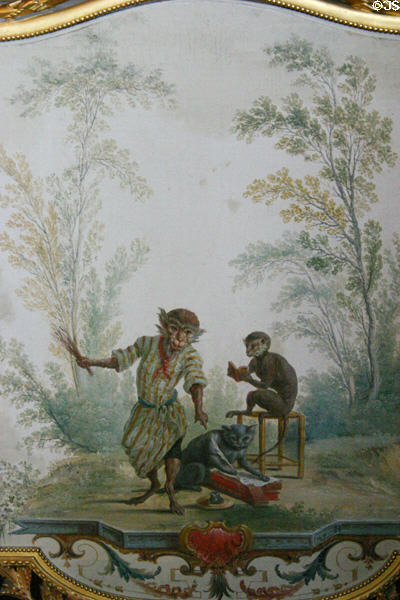Details of scenes in Salon des Singes (monkeys) in Princes' Apartments in Petit Château at Château de Chantilly. Chantilly, France.