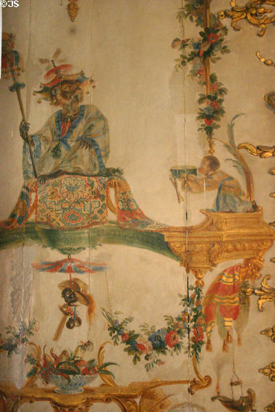Details of scenes in Salon des Singes (monkeys) in Princes' Apartments in Petit Château at Château de Chantilly. Chantilly, France.