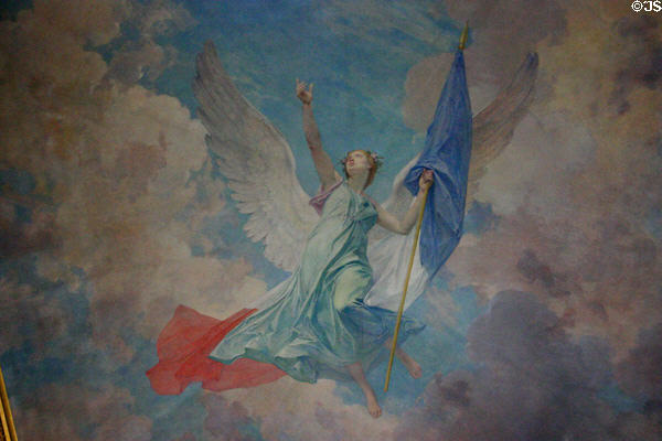Ceiling painted with symbol of France including tricolor flag at Château de Chantilly. Chantilly, France.