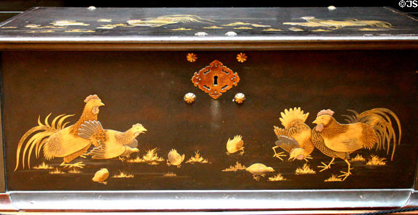 Chest ornamented with hens & roosters in Musée Condé at Château de Chantilly. Chantilly, France.