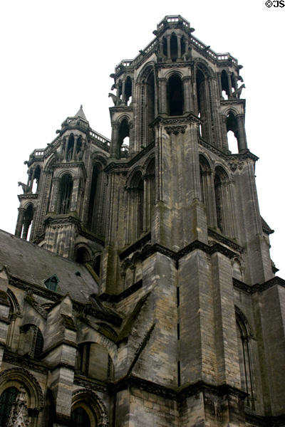 Tower of Cathédrale Notre-Dame noted for its large bays & lightness of appearance. Laon, France.