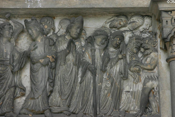 Sinners being led to devil on facade of Cathédrale Notre-Dame. Laon, France.