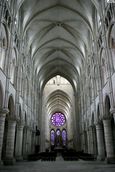 Nave rising to great height, vaulting & stained glass (13C) in interior of Cathédrale Notre-Dame. Laon, France.