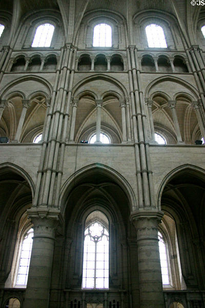 Arches & galleries rising to vaulting in nave of Cathédrale Notre-Dame. Laon, France.