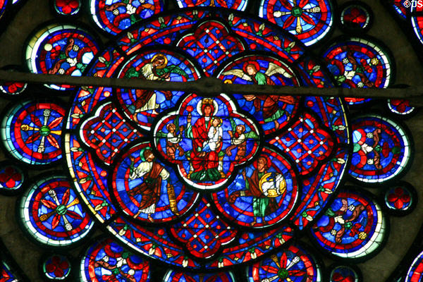 Detail of central medallion on east rose window with Mary & Christ Child at Cathédrale Notre-Dame. Laon, France.