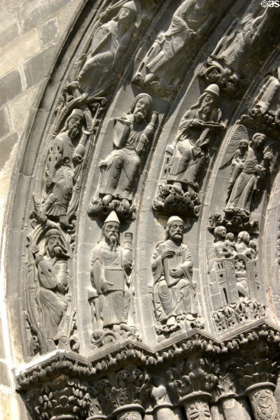 Carvings of musicians in portal archway at St-Denis Basilica. St Denis, France.