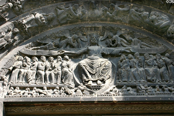 Last Judgment on tympanum of central portal of St-Denis Basilica. St Denis, France.