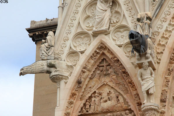 Long-necked bird & rhinoceros gargoyles on Reims Cathedral. Reims, France.