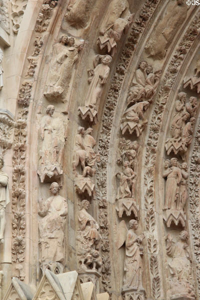 Portal carvings on facade of Reims Cathedral. Reims, France.