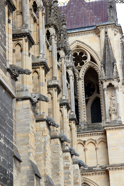 Gargoyles along side facade of Reims Cathedral. Reims, France.