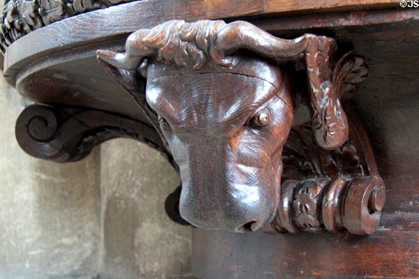 Carved bull representing Evangelist Luke on pulpit in Reims Cathedral. Reims, France.